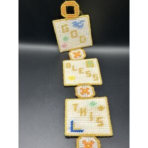 God Bless This Home Yellow Plastic Canvas Wall Hanging Needlepoint Vintage 2’